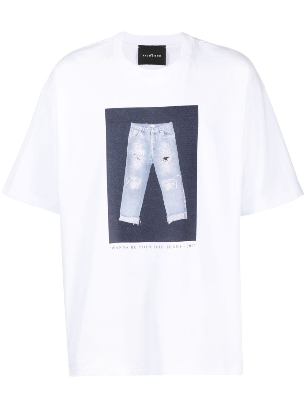 t-shirt bianca stampa blu jeans